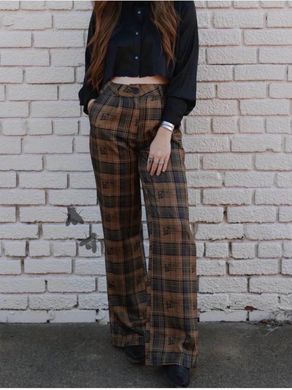 2fly western horse rodeo High-Rise Wide-Leg Plaid Pants in Brown